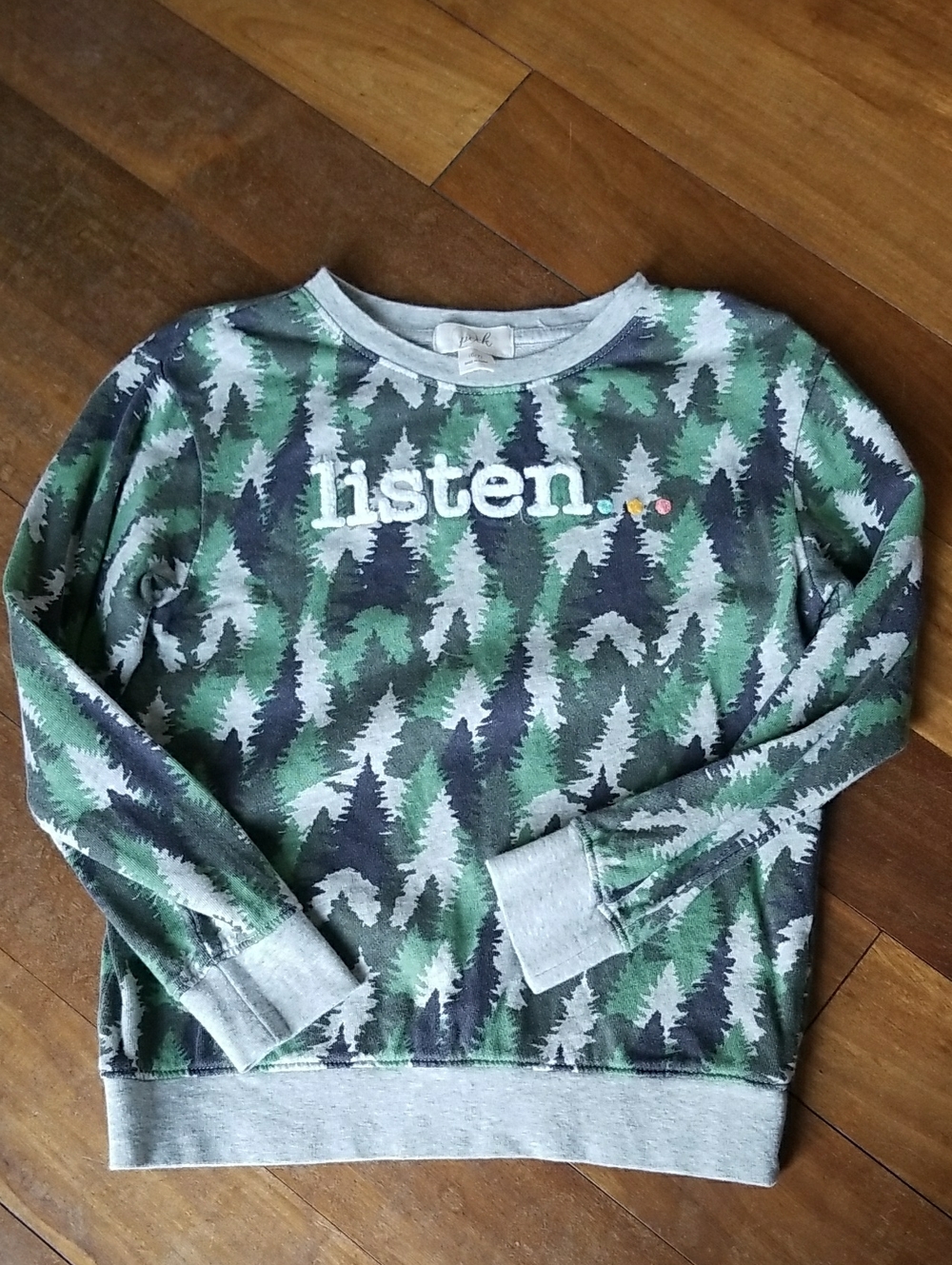 Peek Kids Green Gray Forest-Print Listen To The Trees Crewneck Sweater